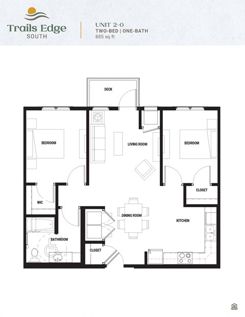 Floor plan for 2 beds, 1 bath, 885 sqft